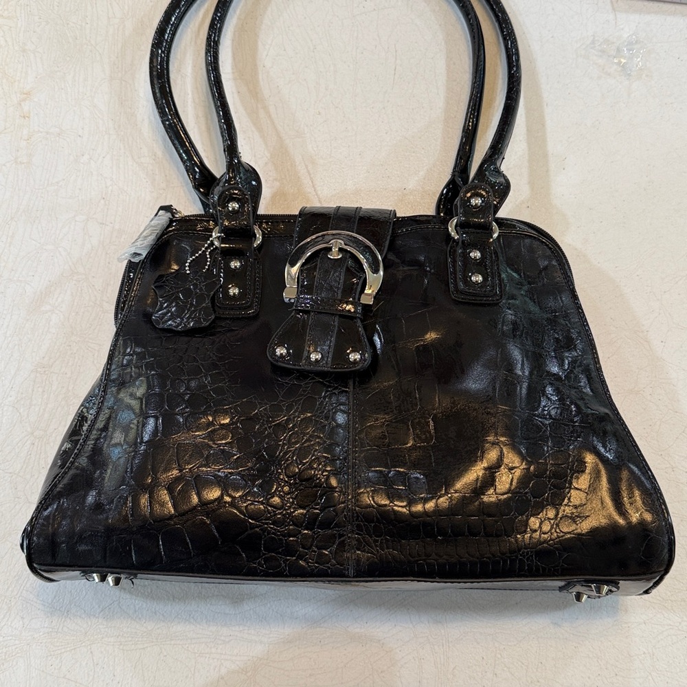 MC Elegant Black Crocodile-Embossed Handbag